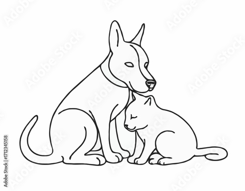 Detailed Line Art Composition of a Dog and Cat Nuzzling, Expressing Affection and Friendship, Perfect for Veterinary Clinics.