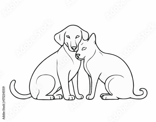 Detailed Line Art Composition of a Dog and Cat Nuzzling, Expressing Affection and Friendship, Perfect for Veterinary Clinics.