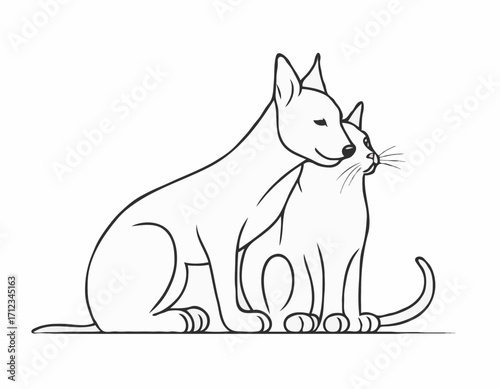 Detailed Line Art Composition of a Dog and Cat Nuzzling, Expressing Affection and Friendship, Perfect for Veterinary Clinics.