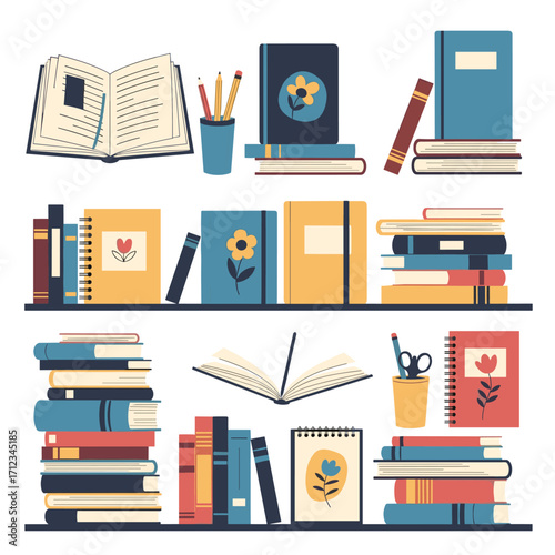 Collection of Books and Stationery Items on Shelves.