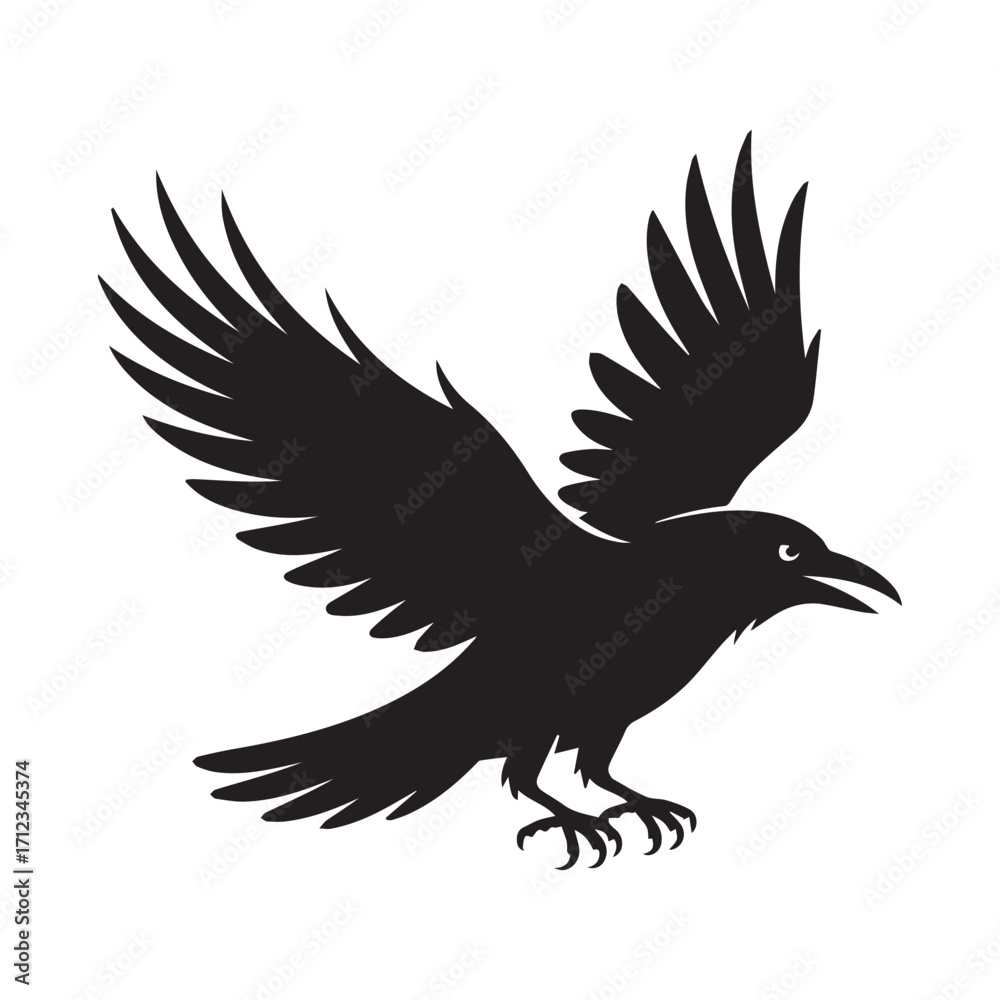 Obraz premium Silhouette of a black crow in flight with wings spread wide, isolated on white background technology background