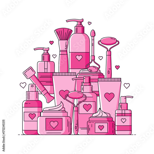 Pink Skincare Products Collection with Hearts.
