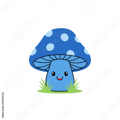 Cute Blue Mushroom Character with White Polka Dots.