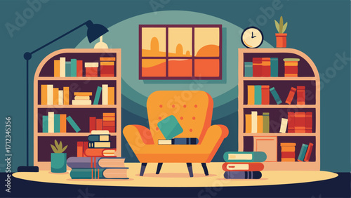 A cozy reading nook filled with bookshelves and comfortable chairs where community members can borrow books and magazines to read.
