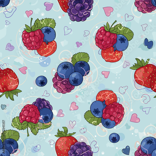 Seamless Pattern of Fresh Berries and Hearts on a Light Blue Background.