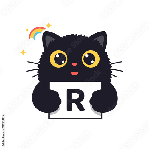 Flat icon of black fluffy cat holding a placard with letter “R”, small rainbow arc above, isolated