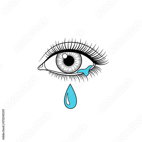 A close up of a human eye crying a single tear.