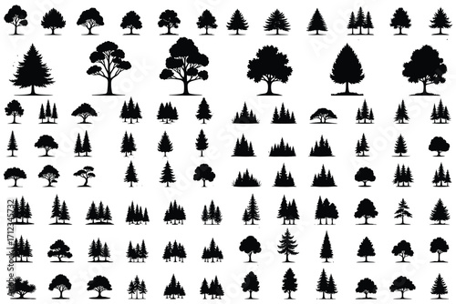 Collection of black tree silhouettes on white background