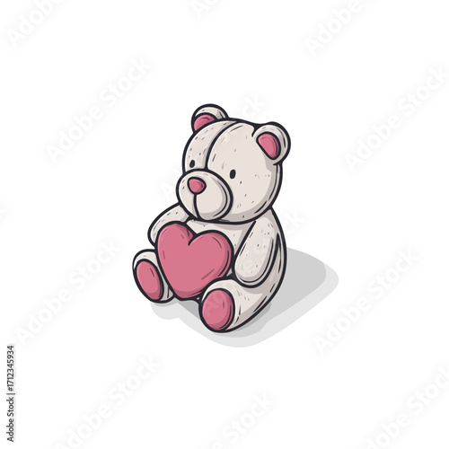 Flat 2D Valentines Teddy Bear With Heart vector illustration, icon graphic on white background