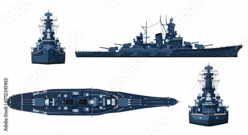 Isometric Illustration of a Battleship in Multiple Views, Naval Warfare Concept