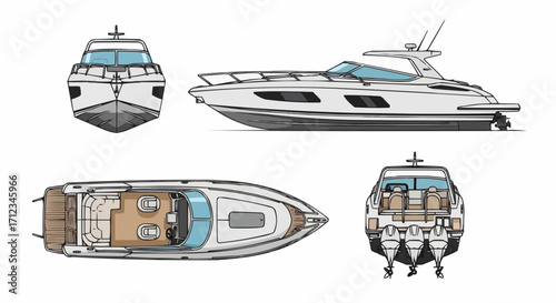 Luxury Motor Yacht Blueprint Diagram: Side, Top, Front, and Rear Views Illustration