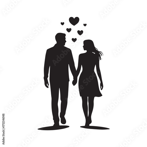 Silhouette of a couple holding hands and walking, with hearts floating above them, symbolizing love and romance technology background