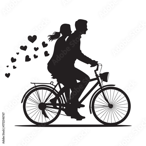 Silhouette of a couple riding a bicycle with hearts floating behind them, isolated on white background technology background