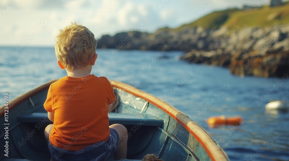 Fototapeta premium Boy in boat looking out at the ocean. Realistic summer boy fishing in video. A boat in the irish sea with a 4k raw footage aspect. A young boy in a boat gazing at lifestyle the sea.