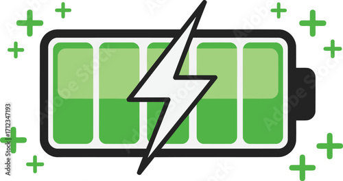 Green battery icon powers up with plus signs indicating full charge, a sustainable energy design