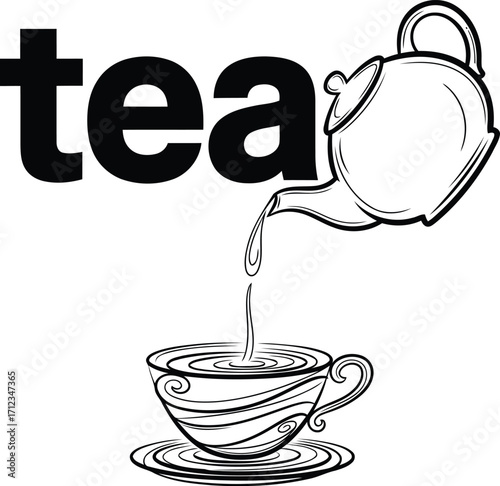 Enjoying a relaxing afternoon with a cup of tea, the teapot elegantly pours into the ornate cup