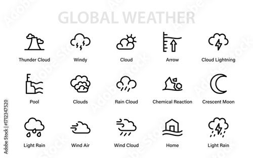 Global Weather Modern Line Icon Set. Professional climate outline vector collection of minimal premium forecast, storm, and atmospheric design symbols.