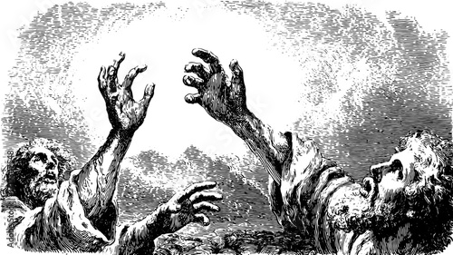 God's hands reaching out in vintage black and white illustration. A detailed religious vector illustration emphasizing spiritual connection.