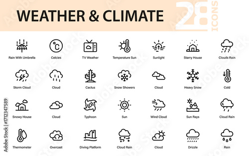 Meteorology Weather Professional Line Icon Collection. Modern minimal vector pack of premium forecast, atmosphere, and seasonal climate outline illustrations.