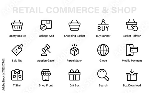 Retail commerce shopping professional line icon collection. Modern minimal vector pack with cart, price, shop, discount, and merchandise icons