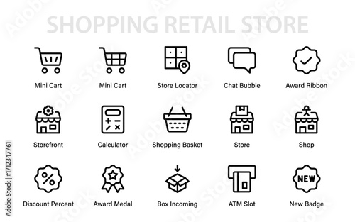 Shopping retail store modern line icon set. Professional minimal vector collection of shop, sale, tag, trolley, basket, and currency icons
