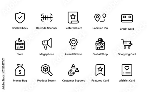 Shopping retail commerce modern line icon set. Professional vector pack with cart, shop, price, discount, payment, and product design icons
