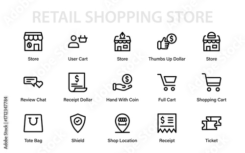 Retail shopping store professional line icon pack. Modern minimal vector set featuring cart, discount, cash register, customer, and merchandise