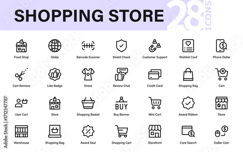 Shopping store professional line icon set. Modern vector pack with bag, cart, price, discount, sale, payment, and merchandise icons