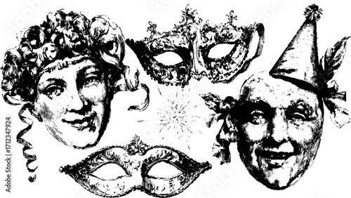 Masks and faces for festive celebrations. Vintage black and white vector illustration set with ornate designs and party elements.