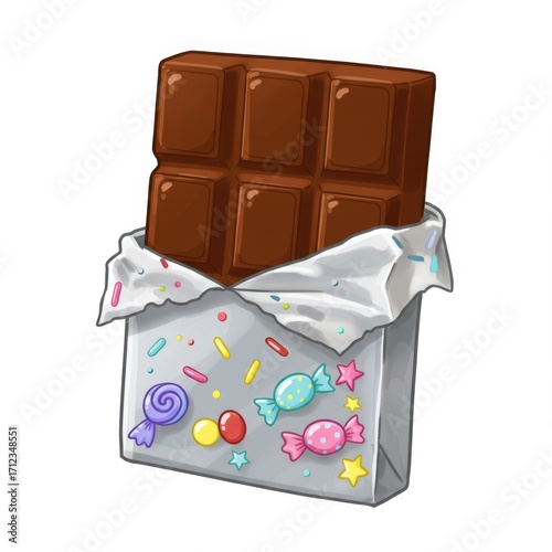 Pixel Art Chocolate Bar with Colorful Candy Decoration on White Background