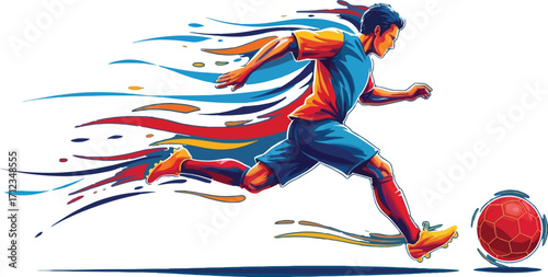 Energetic soccer player kicking the ball with dynamic motion trails, showcasing athletic skill and speed