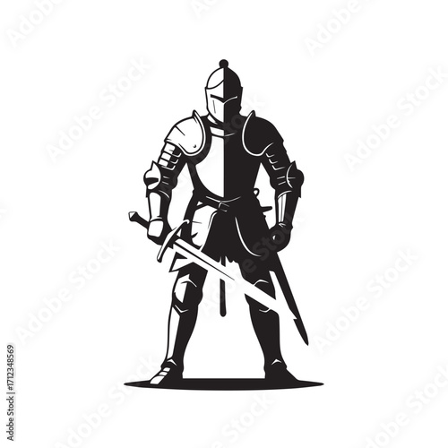 Silhouette of a knight in full armor holding a sword, standing ready for battle, representing strength and courage technology background