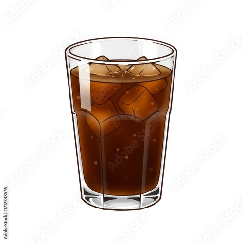 Iced Drink in Glass with Brown Liquid and Clear Ice Cubes on White