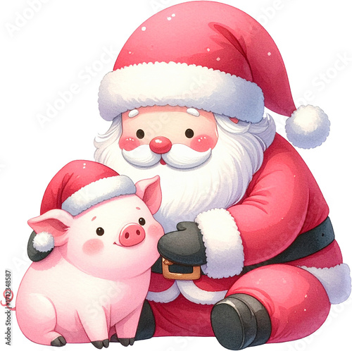 Cute Santa Claus with Piglet Christmas Illustration