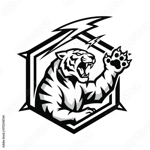 A stylized graphic of a roaring tiger, empowered by lightning, within a hexagonal frame.