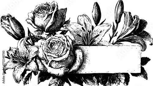 Flower illustration featuring roses and lilies in black and white. A vintage floral design suitable for decorative elements in a vector format.
