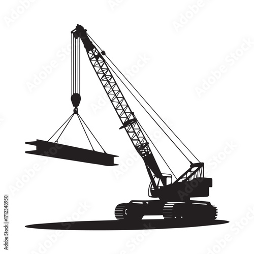 Silhouette of a mobile crane lifting a steel beam at a construction site, isolated on white background technology background