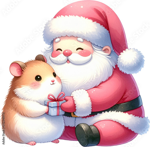 Cute Santa Claus Giving Gift to Hamster Christmas Illustration