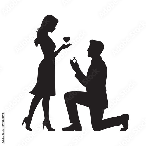 Silhouette of a man proposing to a woman with a ring, a heart floating between them, isolated on white background technology background