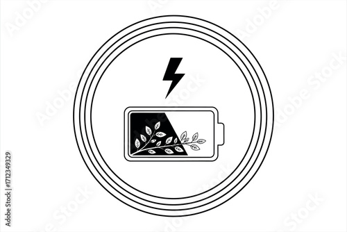 Battery icon with lightning bolt and growing plant inside power energy
