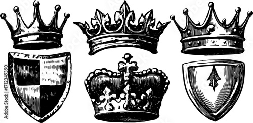 Crown and shield vector illustration set. Vintage symbols with ornate details, suitable for creating unique heraldic emblems or decorative elements.