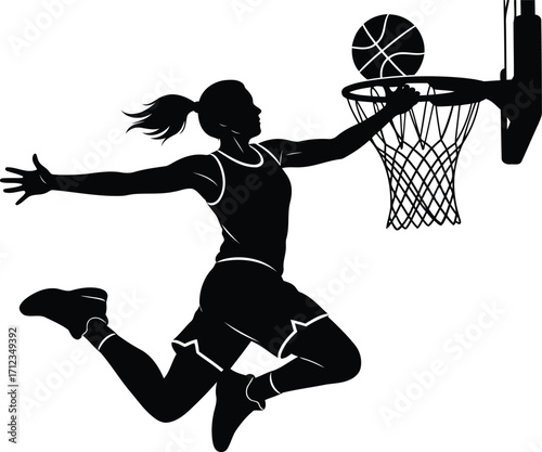 Silhouette of a female athlete performing a slam dunk on the basketball court with energy