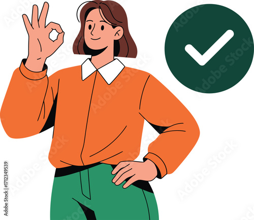 Stylish woman gives okay hand gesture near green checkmark approving a perfect decision process
