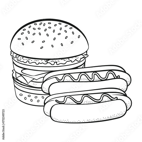 Classic Burger and Hot Dogs Line Art Illustration for Coloring