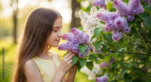 A girl smelling lilac flowers in springtime.