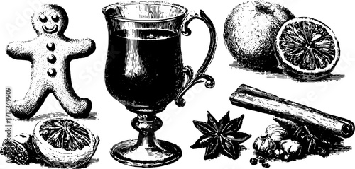 Gingerbread and an ornate cup with orange slices and spices. Vintage vector illustration set featuring a festive beverage.