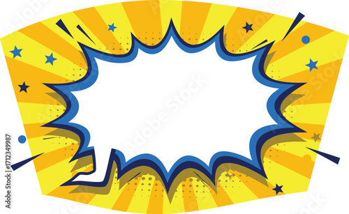 Comic Burst Frame – Yellow Radial Background with Blue Explosion and Blank Center