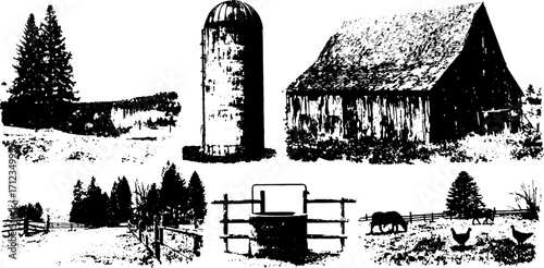 Farm landscape illustration with a barn, silo, trees, and animals. Black and white vector style in a simple and vintage design.