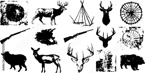 Silhouettes of deer and bear in a black and white vector illustration set. Hunting themed graphics featuring rifles, tents, and nature elements.