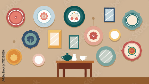 A collection of mismatched vintage plates displayed on a wall in the dining room adding a touch of whimsy to the elegant space.